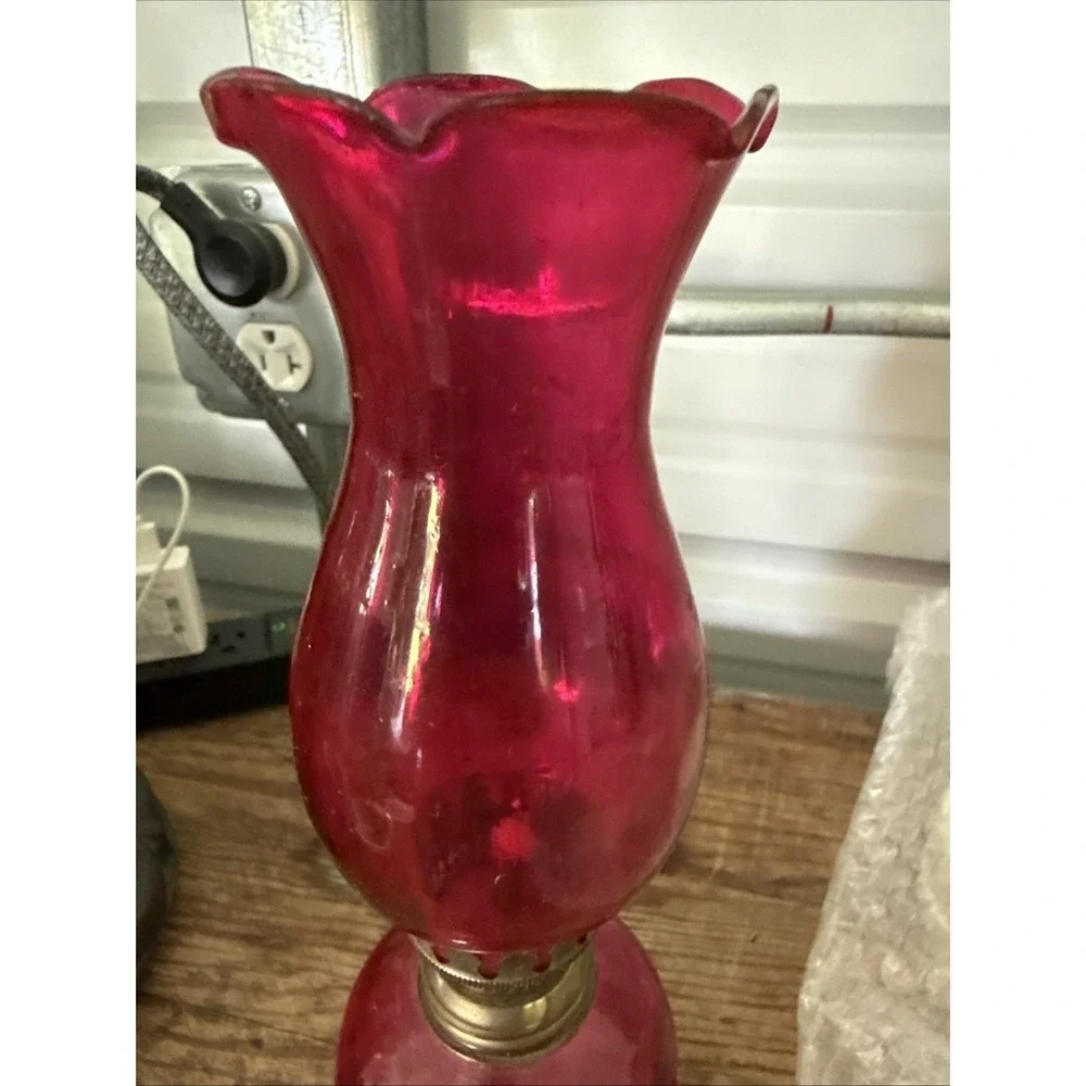 Vintage Red Glass Oil Lamp with Ruffle top 10.5